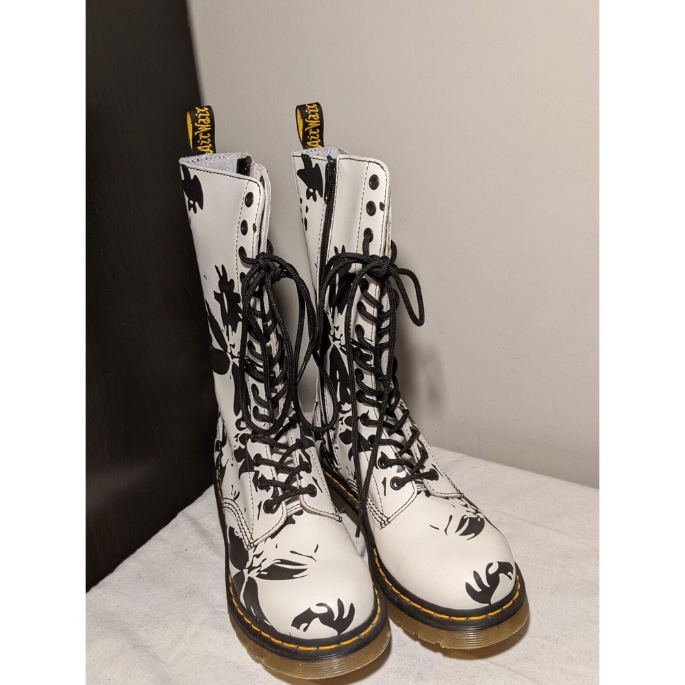 Dr Martens Petula 14 Hole Mid Calf Black White Patent Leather Boots UK 5 / US 7 - Picture 2 of 12